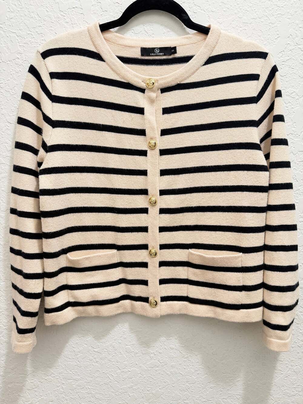LILLUSORY Cream Black Striped Gold Button Cardigan Sweater Size S